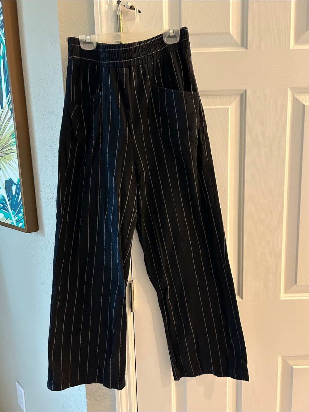 Ladies Black Pinstripe Wide-Leg Pants